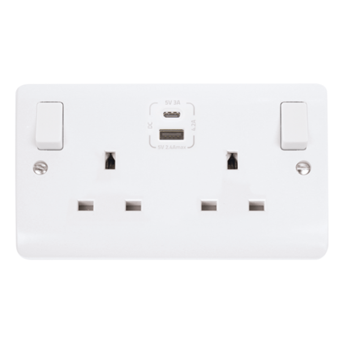 Scolmore Click Mode 2 Gang 13A Twin Socket White (with 1 x USB A & 1 x USB C)